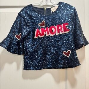 Hannah Banana Navy Sequin 'AMORE' Heart Appliqué Top